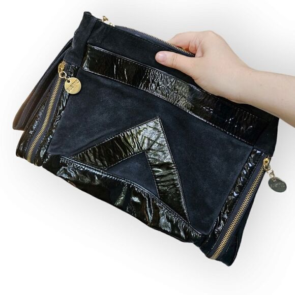 Gustto Black Patent Leather and Suede Large Wristlet Lapol Clutch - Picture 9 of 16